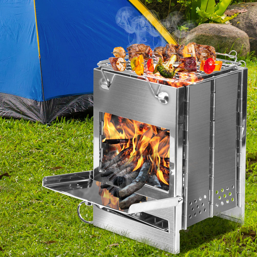 Camp Stove Folding Wood BBQ Grill Stainless Steel Portable Outdoor Camping Small