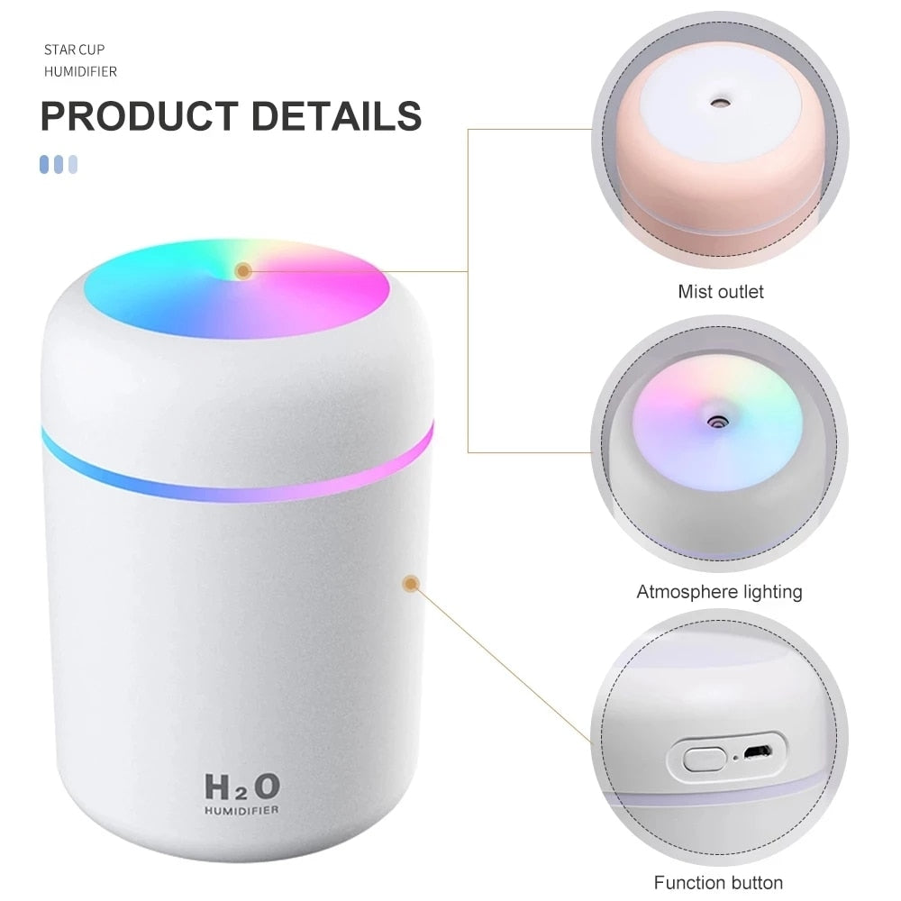 Portable 300ml Electric Air Humidifier Aroma Oil Diffuser USB Cool Mist Sprayer with Colorful Night Light for Home Car