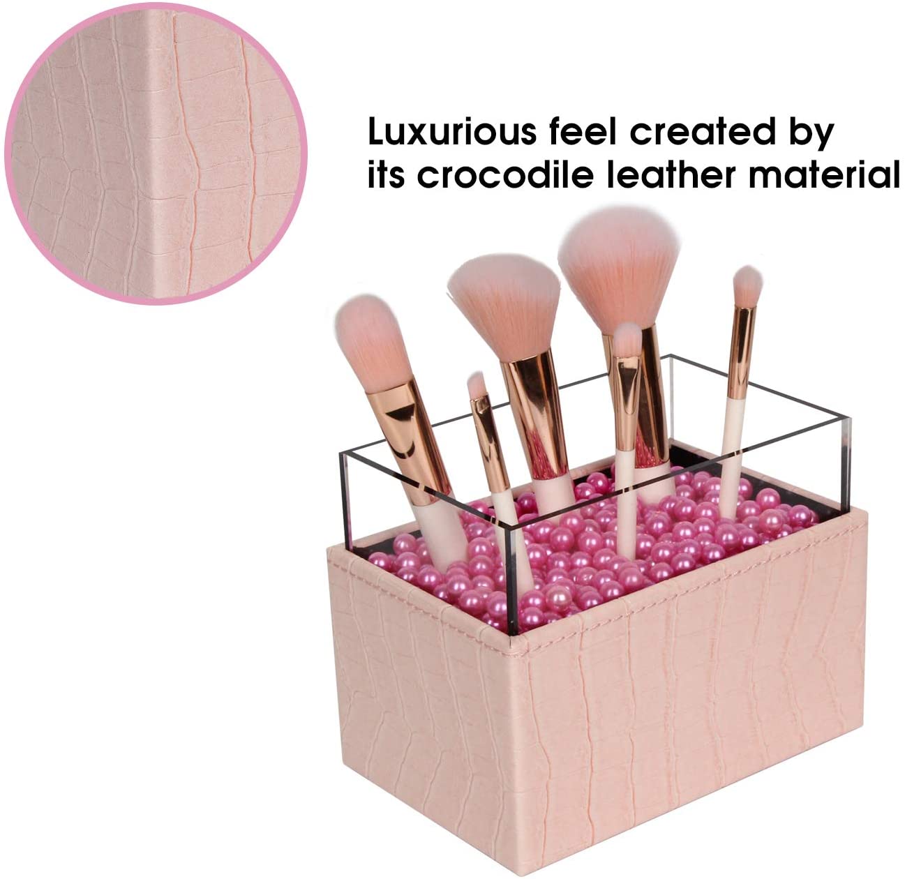 Leather Makeup Brush Cosmetic Organiser Storage Box with Pink Pearls and Acrylic Cover (Pink)