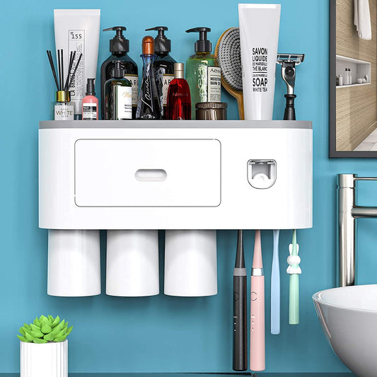 Automatic Wall Mounted Toothbrush Holder with Magnetic Cups Kids & Family Set for Bathroom (White and Gray)