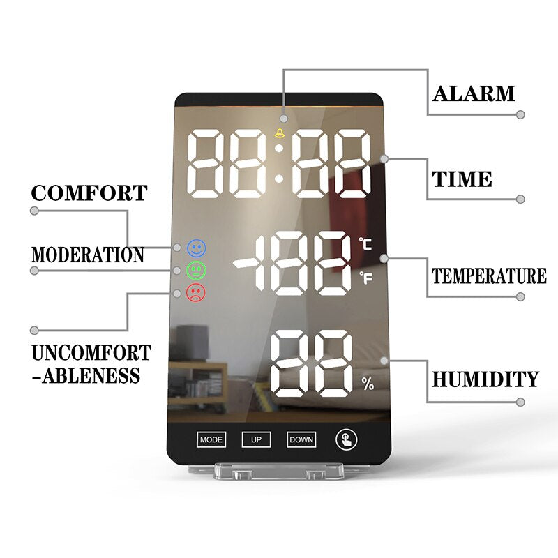 LED Mirror Alarm Clock Digital Clock Temperature Humidity Display USB Output Port