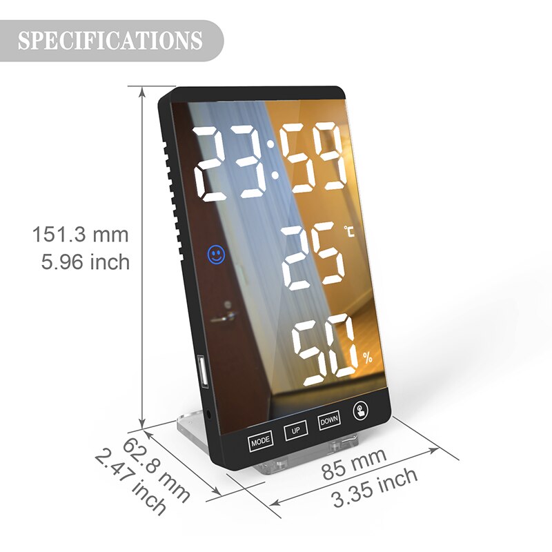 LED Mirror Alarm Clock Digital Clock Temperature Humidity Display USB Output Port