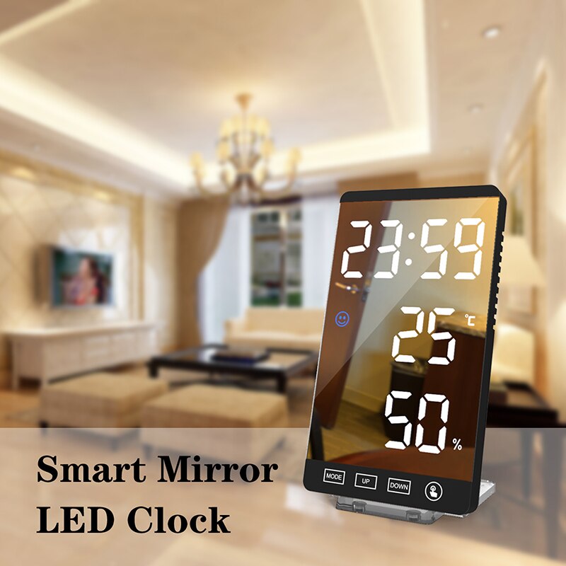 LED Mirror Alarm Clock Digital Clock Temperature Humidity Display USB Output Port