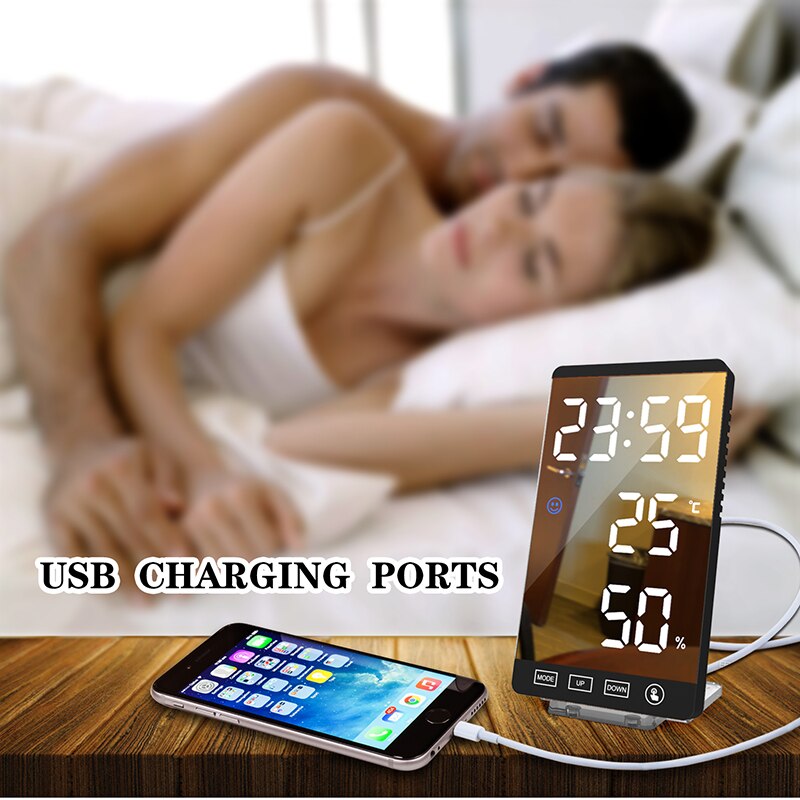 LED Mirror Alarm Clock Digital Clock Temperature Humidity Display USB Output Port