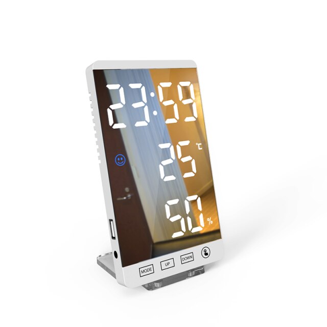 LED Mirror Alarm Clock Digital Clock Temperature Humidity Display USB Output Port